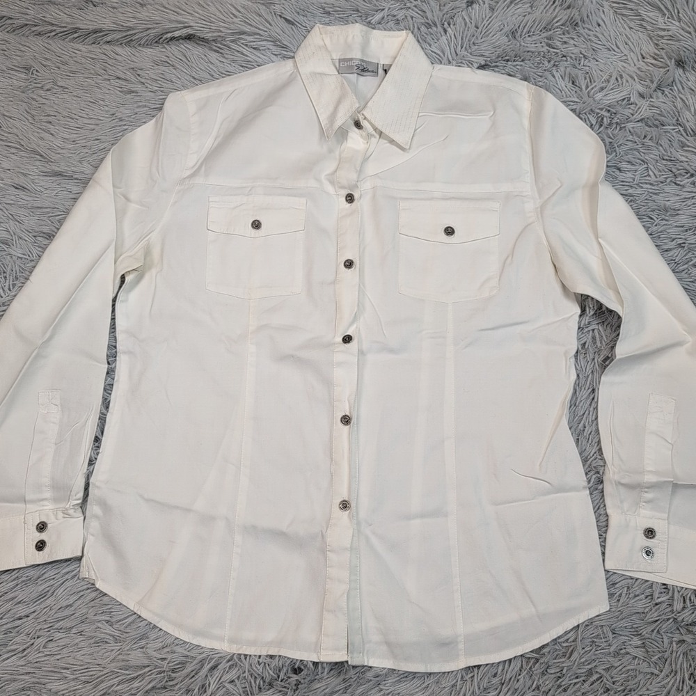 Chico's Platinum Shirt Womens 1 White Button Up‎ Comfort Casual Preppy